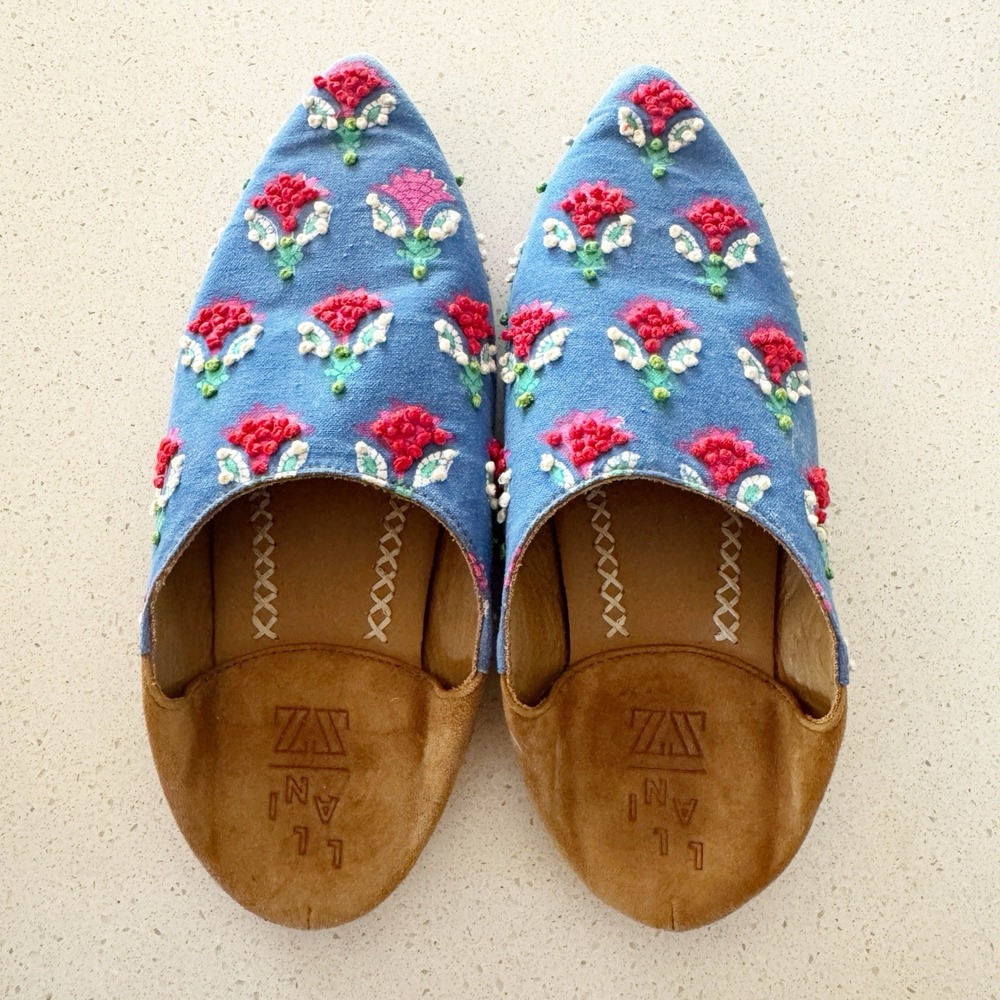 Llani Maisie Embellished Mules Size 36 Fits 7-7.5 Boho Chic Coastal Art To Wear